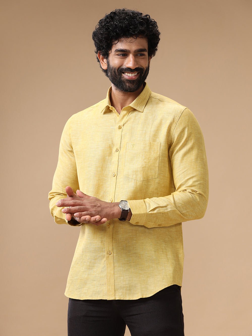 Mens Pure Linen Shirt Yellow L91