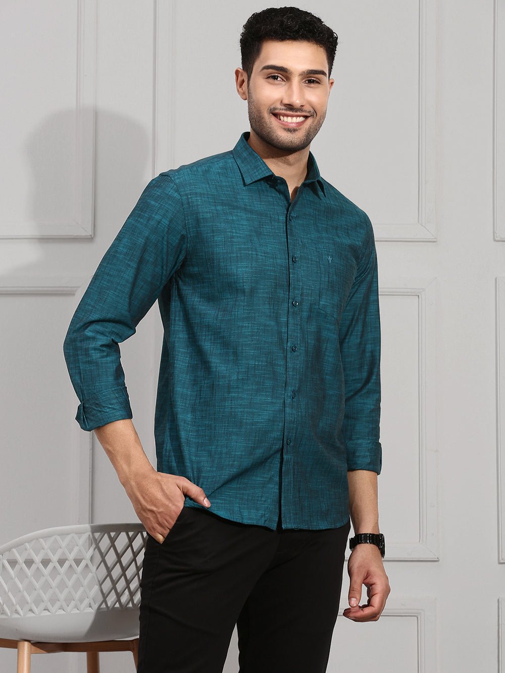 Men 100% Cotton Shirt Dark Green